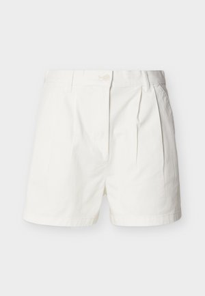 Beli bombažni hlače s krojenim dizajnom, s pregibi, zapiranjem spredaj na gumbe in stranskimi žepi. Gladek teksturni material, dolžina do kolen.