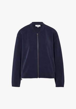 Navy blue bomber jacket in a soft fabric, featuring a zip closure, ribbed collar, and two front pockets, with a relaxed fit and long sleeves.