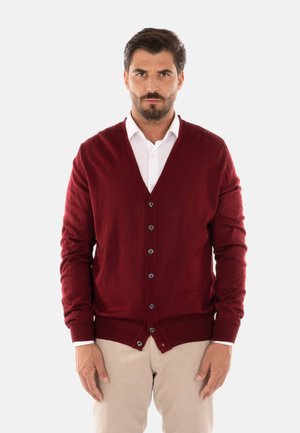 Cardigan bordeaux in tessuto a maglia con scollo a V, maniche lunghe e sei bottoni sul fronte. Abbinato a una camicia bianca.