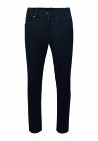 Schwarz enganliegende Jeans mit Knopfverschluss, Gürtelschlaufen und Fünf-Taschen-Design auf weißem Hintergrund.