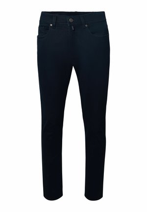 Schwarz enganliegende Jeans mit Knopfverschluss, Gürtelschlaufen und Fünf-Taschen-Design auf weißem Hintergrund.
