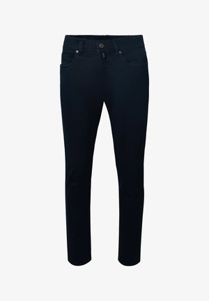 Slim-fit zwarte jeans met een voorknoop, riemlussen en een vijf-pocket ontwerp op een witte achtergrond.
