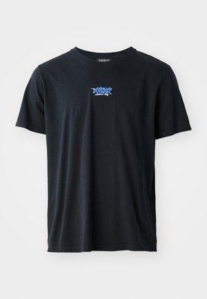 Black cotton T-shirt with short sleeves and a round neckline. Features a blue logo on the chest. Simple, classic design.