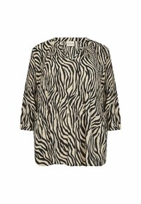 Triibuline zebra mustriga pluus V-kaelusega, kolmeveerandsleevedega ja lõdva lõikega. Valmistatud kergest kangast, millel on eristatavad mustad ja kreemjad triibud.