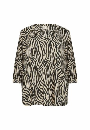 Zebra print blouse with a V-neck, three-quarter sleeves, and a relaxed fit. Made of lightweight fabric with distinct black and cream stripes.