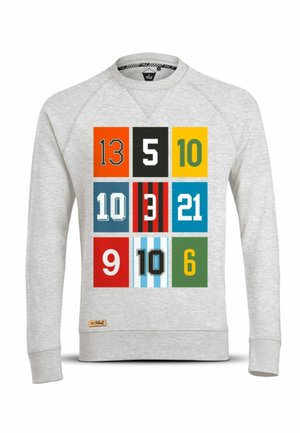 Grijze sweatshirt met een multikleuren grafisch ontwerp met verschillende cijfers in vierkante patronen. Zacht materiaal met een ronde hals en geribde manchetten.