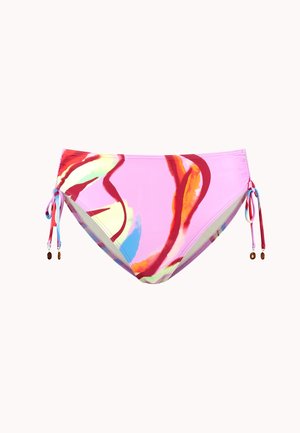 Parte inferior de bikini rosa con patrones abstractos multicolores. Presenta lazos laterales ajustables con cuentas y una textura de tela suave.