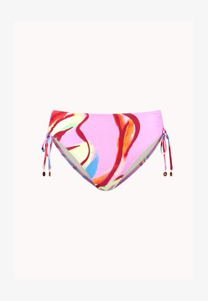Parte inferiore di bikini rosa con motivi astratti multicolori. Presenta lacci laterali regolabili con perline e una texture di tessuto liscia.