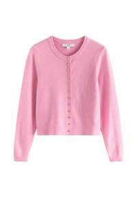 Cárdigan rosa de punto con un escote redondo, mangas largas y un cierre frontal con botones en forma de corazón dorados.