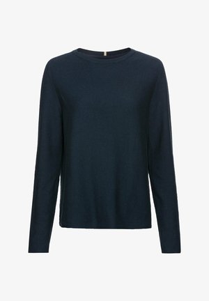 Marineblå langærmet sweater lavet af ribbet materiale. Har rund halsudskæring og en lige skæring i sømmen. Blød tekstur.