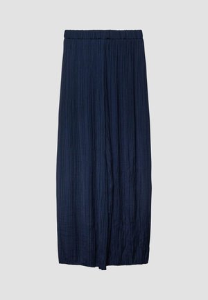 Marineblauer plissierter Midirock mit elastischem Bund, das Material ist mit vertikalen Linien versehen und hat eine glatte Textur, geeignet für legere oder formelle Anlässe.