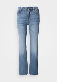 Lichtblauwe denimspijkerbroek met een flared leg ontwerp, voorzien van een knoopsluiting, vijf zakken en subtiele vervaging langs de dijen.