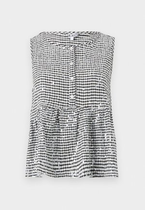 Bezrukávý černobílý kostkovaný top s předním zapínáním na knoflíky a peplum spodním lemem, vyrobený z texturované látky a zdobený lesklými flitry.