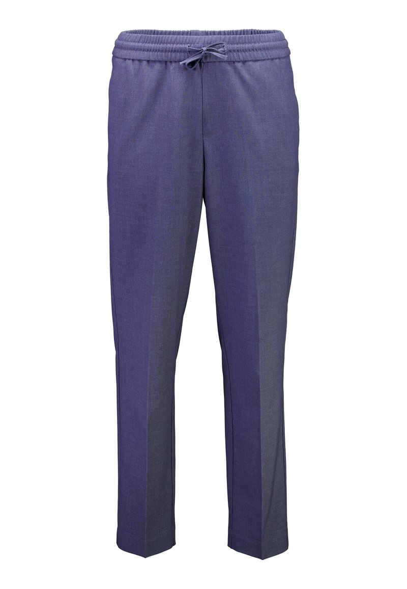 Fioletowe, lekkie spodnie z elastycznym pasem i sznurkiem do ściągania. Prosty krój nogawek, gładka faktura i minimalistyczne zdobienia.