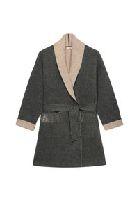 Dunkelgrauer Wickelroben mit beiger Schalkragen und Bündchen, ausgestattet mit einem Gürtel in der Taille und zwei vorderen Taschen. Glatte Textur, lässiges Design.