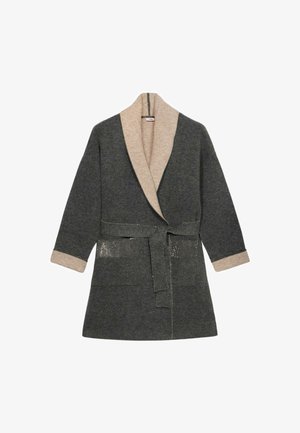 Dark gray wrap robe with a beige shawl collar and cuffs, featuring a belted waist and two front pockets. Smooth texture, casual design.