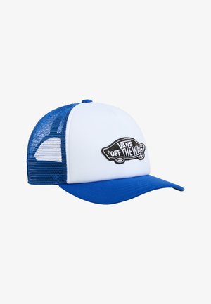 White cap with a blue brim and mesh back, featuring a black Vans "Off the Wall" logo patch at the front.