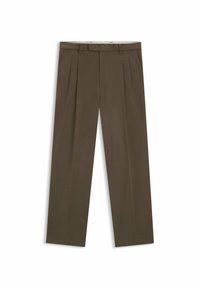 Brown pleated trousers made of cotton blend fabric. Features a straight cut, belt loops, and side pockets. Smooth texture with minimal detailing.