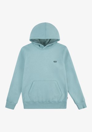 Sudadera azul claro con bolsillo tipo canguro, puños acanalados y capucha. Presenta una pequeña etiqueta de la marca en el pecho. Textura de tela suave.