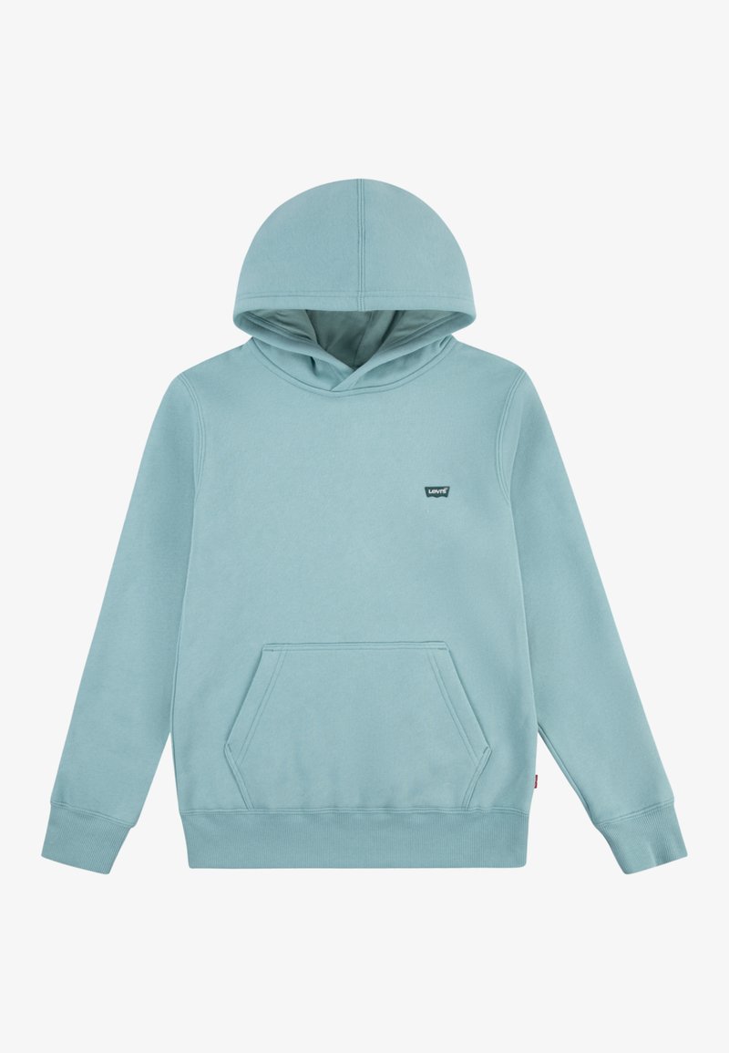 Hoodie azul claro com bolso canguru, punhos canelados e capuz. Apresenta um pequeno rótulo da marca no peito. Textura de tecido macio.