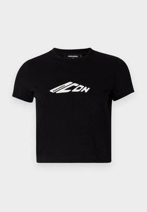Black cotton cropped t-shirt featuring short sleeves and a white logo graphic on the front. Smooth texture, crew neckline.