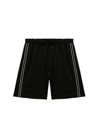 Zwarte shorts van lichtgewicht stof met een elastische tailleband en een trekkoord. Bevat witte zijkanten voor extra detail.