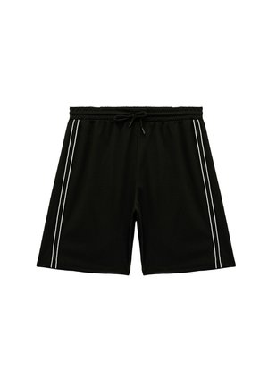 Zwarte shorts van lichtgewicht stof met een elastische tailleband en een trekkoord. Bevat witte zijkanten voor extra detail.
