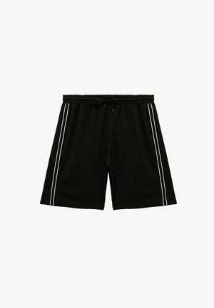 Zwarte shorts van lichtgewicht stof met een elastische tailleband en een trekkoord. Bevat witte zijkanten voor extra detail.