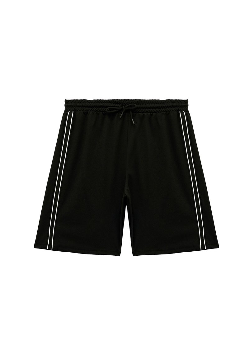 Zwarte shorts van lichtgewicht stof met een elastische tailleband en een trekkoord. Bevat witte zijkanten voor extra detail.