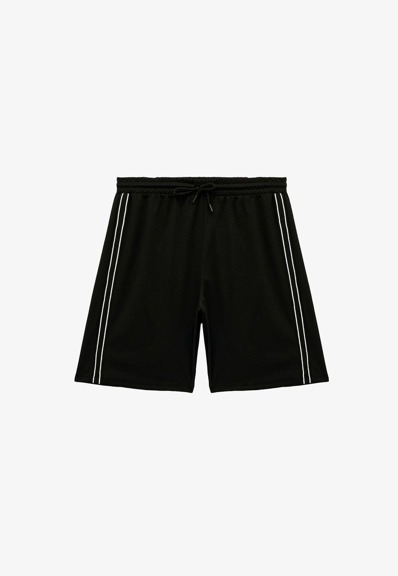 Zwarte shorts van lichtgewicht stof met een elastische tailleband en een trekkoord. Bevat witte zijkanten voor extra detail.