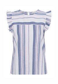 Top a maniche corte di colore crema con strisce verticali blu e rosa. Presenta maniche arricciate e un dettaglio a chiave sul retro. Tessuto testurizzato.