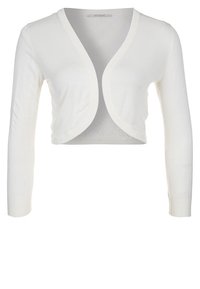 Bílý zkrácený cardigan vyrobený z měkkého pleteného materiálu, s dlouhými rukávy a bezproblémovým otevřeným designem vpředu.