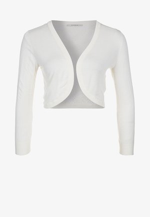 Bílý zkrácený cardigan vyrobený z měkkého pleteného materiálu, s dlouhými rukávy a bezproblémovým otevřeným designem vpředu.