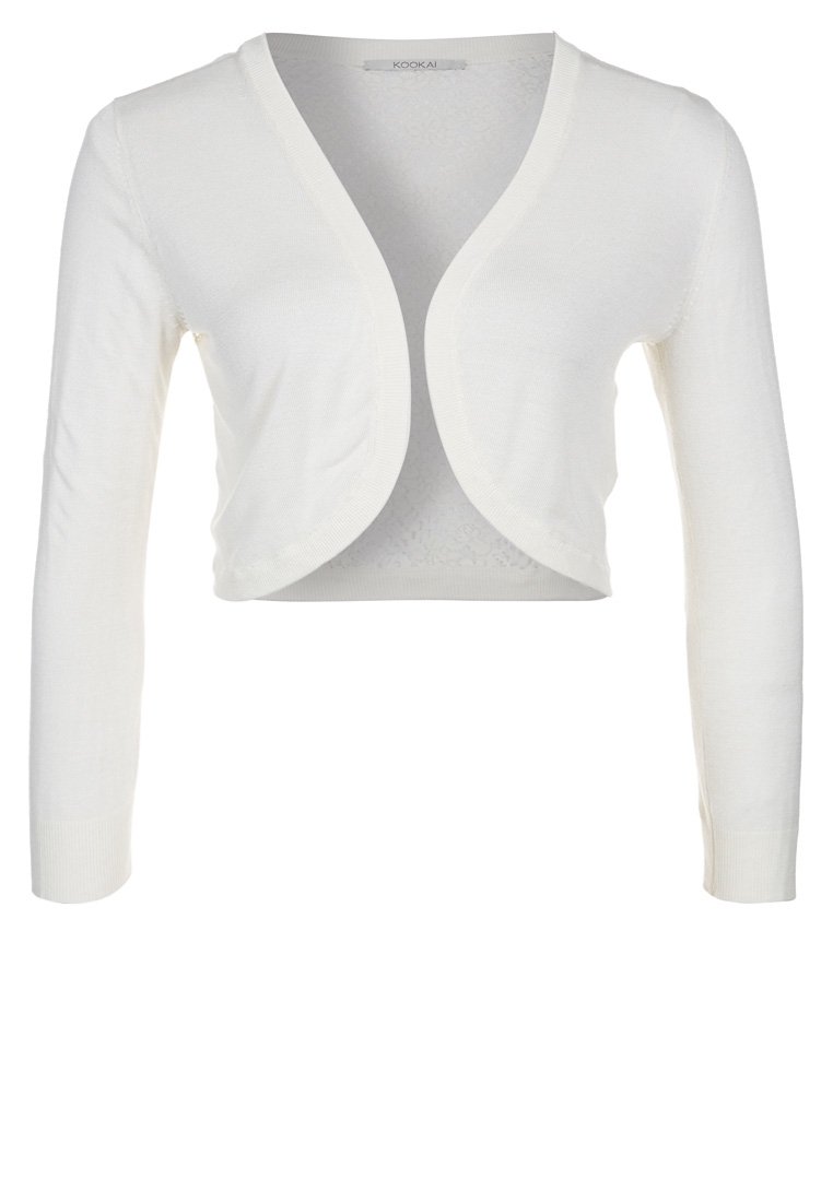 Bílý zkrácený cardigan vyrobený z měkkého pleteného materiálu, s dlouhými rukávy a bezproblémovým otevřeným designem vpředu.