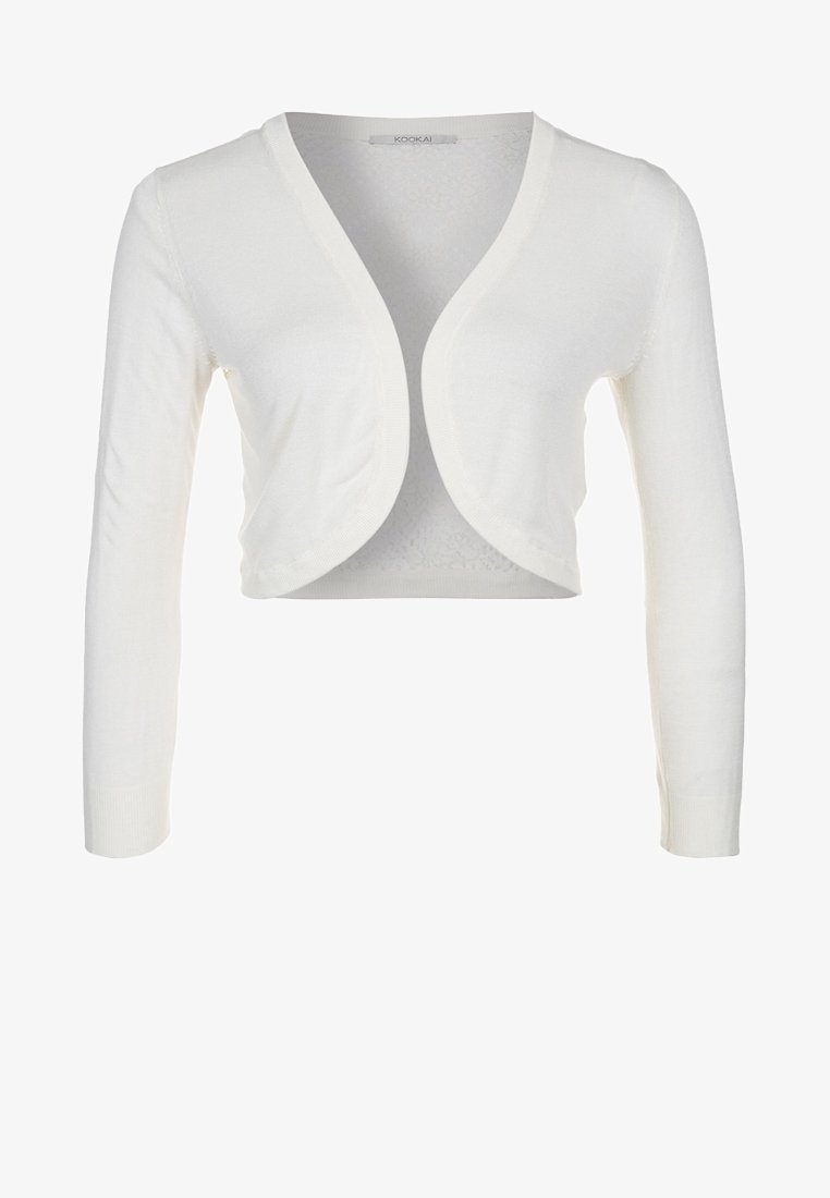 Bílý zkrácený cardigan vyrobený z měkkého pleteného materiálu, s dlouhými rukávy a bezproblémovým otevřeným designem vpředu.