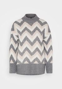 Grau- und cremefarbener Pullover mit Zickzackmuster, der über einen hohen Kragen und gerippte Bündchen verfügt. Hergestellt aus weichem, strukturiertem Stoff für Wärme.