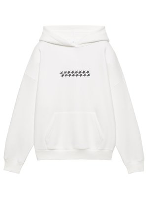 Weißer Kapuzenpullover mit Kängurutasche, mit einer Reihe kleiner schwarzer Sterne, die über dem Brustbereich gedruckt sind. Weicher Stoff, entspannte Passform.