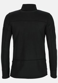 Black pullover with a high collar, long sleeves, textured fabric, and flatlock seams. Features a small logo on the left sleeve.