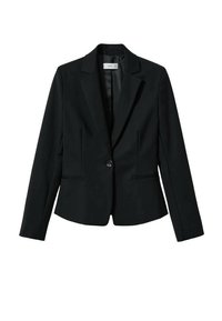 Veston noir sur mesure avec fermeture à un bouton, revers en pointe, poches avant et texture lisse, conçu pour une silhouette ajustée.