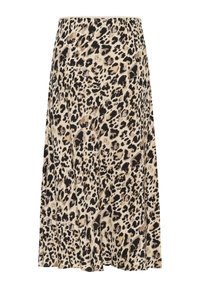 Jupe midi beige avec motif léopard noir et marron, silhouette évasée et taille lisse.