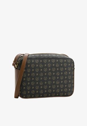 Borsa a tracolla rettangolare con esterno a motivo scuro, dettagli in pelle marrone, chiusura con zip e tracolla regolabile.