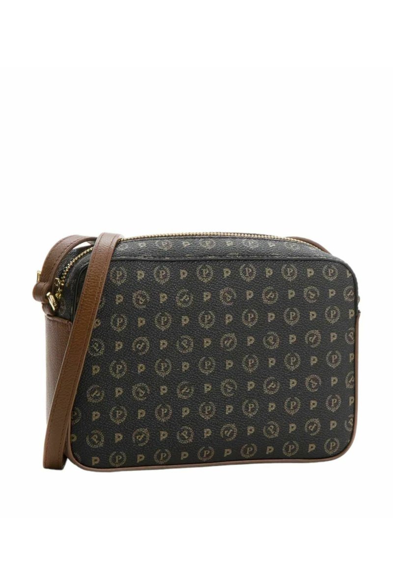 Borsa a tracolla rettangolare con esterno a motivo scuro, dettagli in pelle marrone, chiusura con zip e tracolla regolabile.