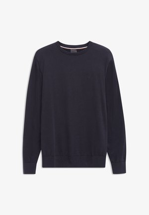 Dark navy blue crewneck sweater with long sleeves, ribbed cuffs and hem, and subtle embroidered logo on the chest.