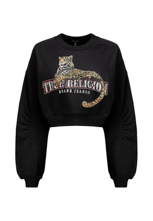 Sweatshirt scurt negru cu un grafic leopard și textul "True Religion Brand Jeans" în roșu și alb. Material moale cu manșete elastice.