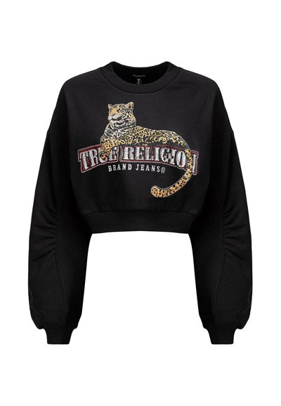 Sweatshirt noir court avec un graphisme léopard et le texte "True Religion Brand Jeans" en rouge et blanc. Tissu doux avec des poignets élastiques.