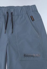Grijze waterbestendige shorts met een elastische tailleband, zwarte trekkoord en een opvallend "NAPAPIJRI" logo in gestructureerd zwart.