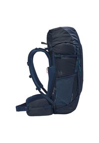 Zaino blu navy con un ampio scomparto principale, spallacci imbottiti in rete, tasche laterali e cintura in vita regolabile. Caratterizzato da un tessuto resistente e da un design snello.