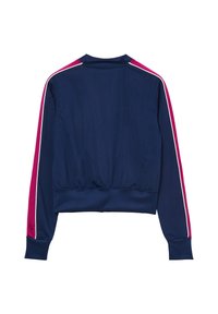 Giacca da jogging blu navy con strisce rosa e bianche sulle spalle, schiena uniforme e vita elasticizzata con polsini aderenti.