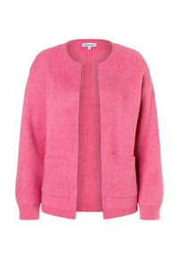 Rosa gerippte Strickjacke mit Rundhalsausschnitt, offener Front, langen Ärmeln und zwei vorderen Taschen. Weiches Material und lockere Passform.