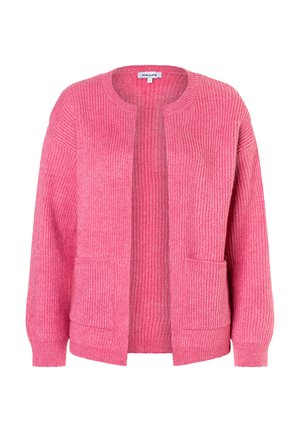 Pink ribbed cardigan featuring a round neckline, open front, long sleeves, and two front pockets. Soft texture and relaxed fit.